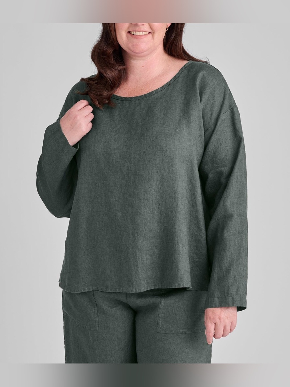 NWT FLAX Linen Long Sleeve Easy Tee Forest Green Small Boho $135 retail